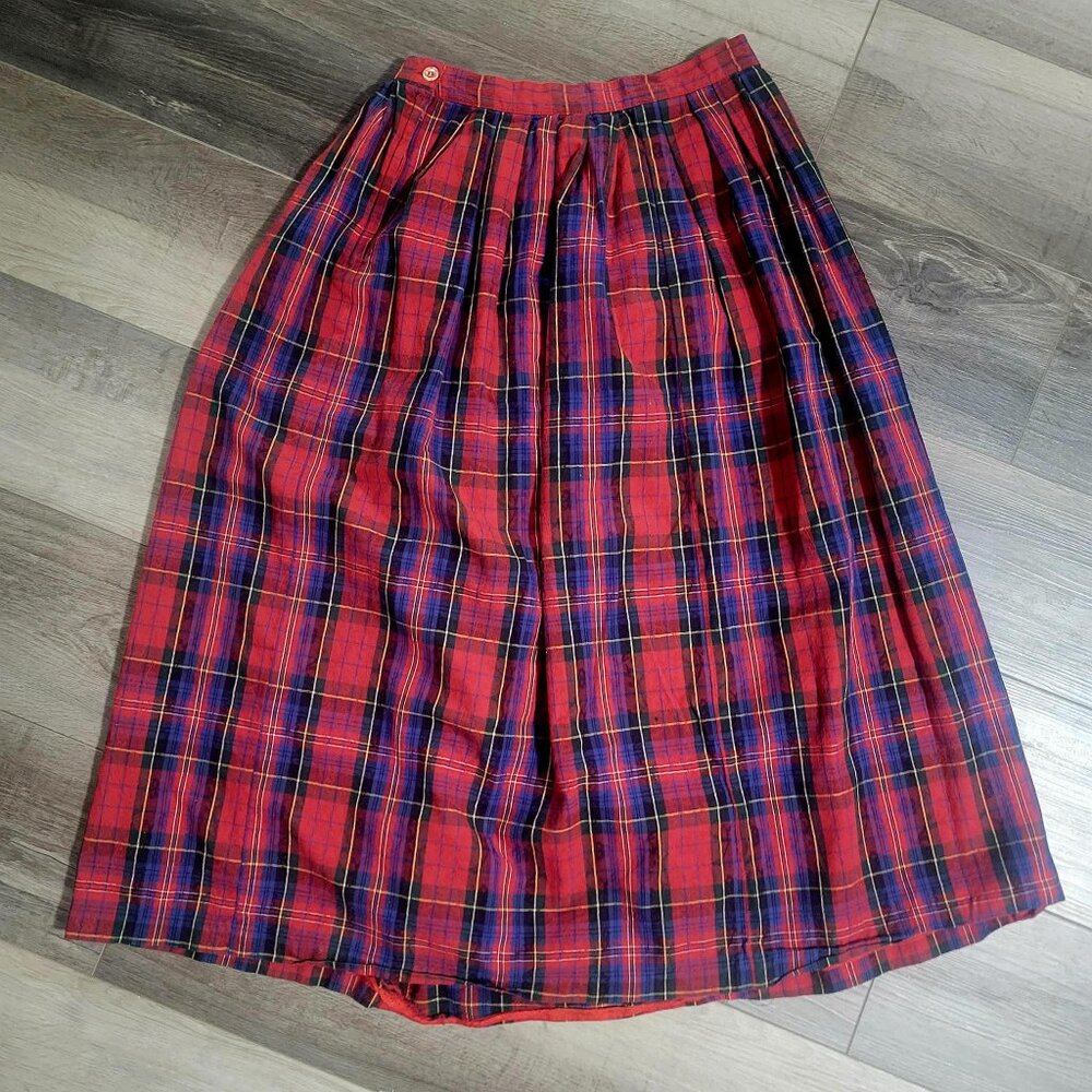 Vintage 90s Components Red Plaid Midi Skirt Medium Tartan Pleated Dark Academia - Picture 3 of 4